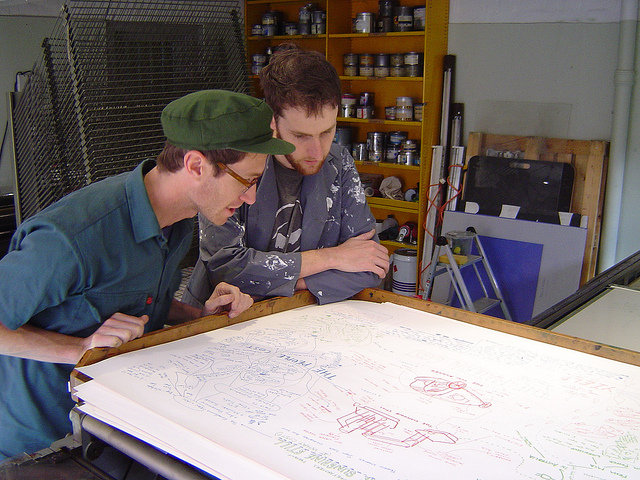 Lucas Ihlein and designer/printer Pat Armstrong at Big Fag Press producing offset lithographic prints for Environmental Audit, 2010.